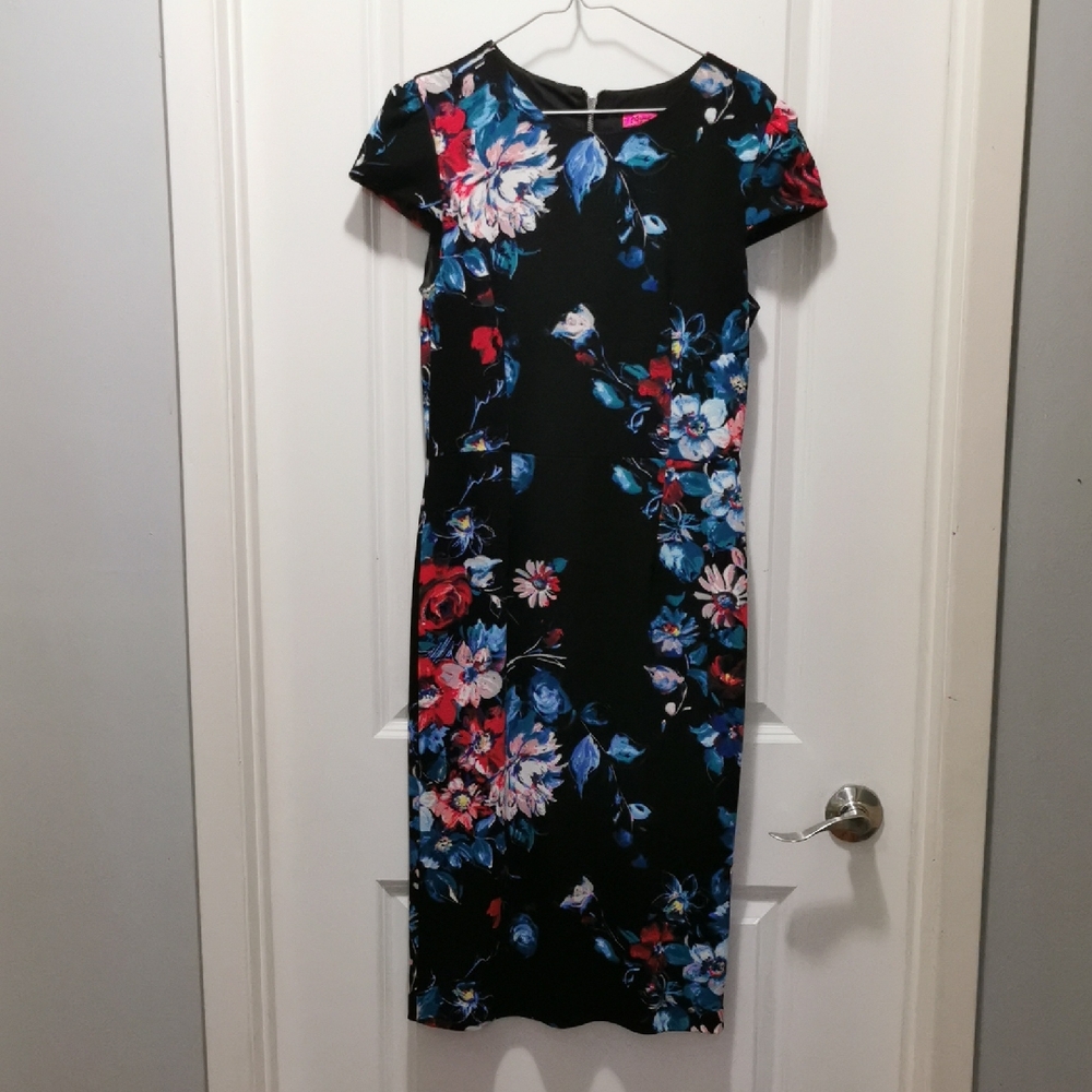 Betsey Johnson Black Midi Dress with‎ Blue and Red Floral